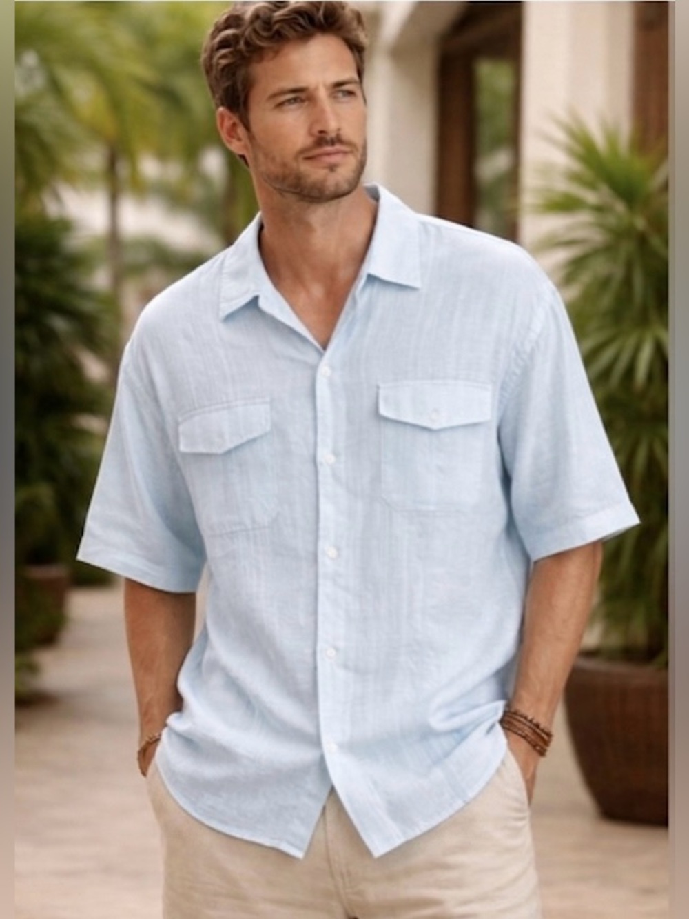 Tommy Bahama EUC 100% Linen 
Button-Down Shirt - pale blue 
Men's XL oversized